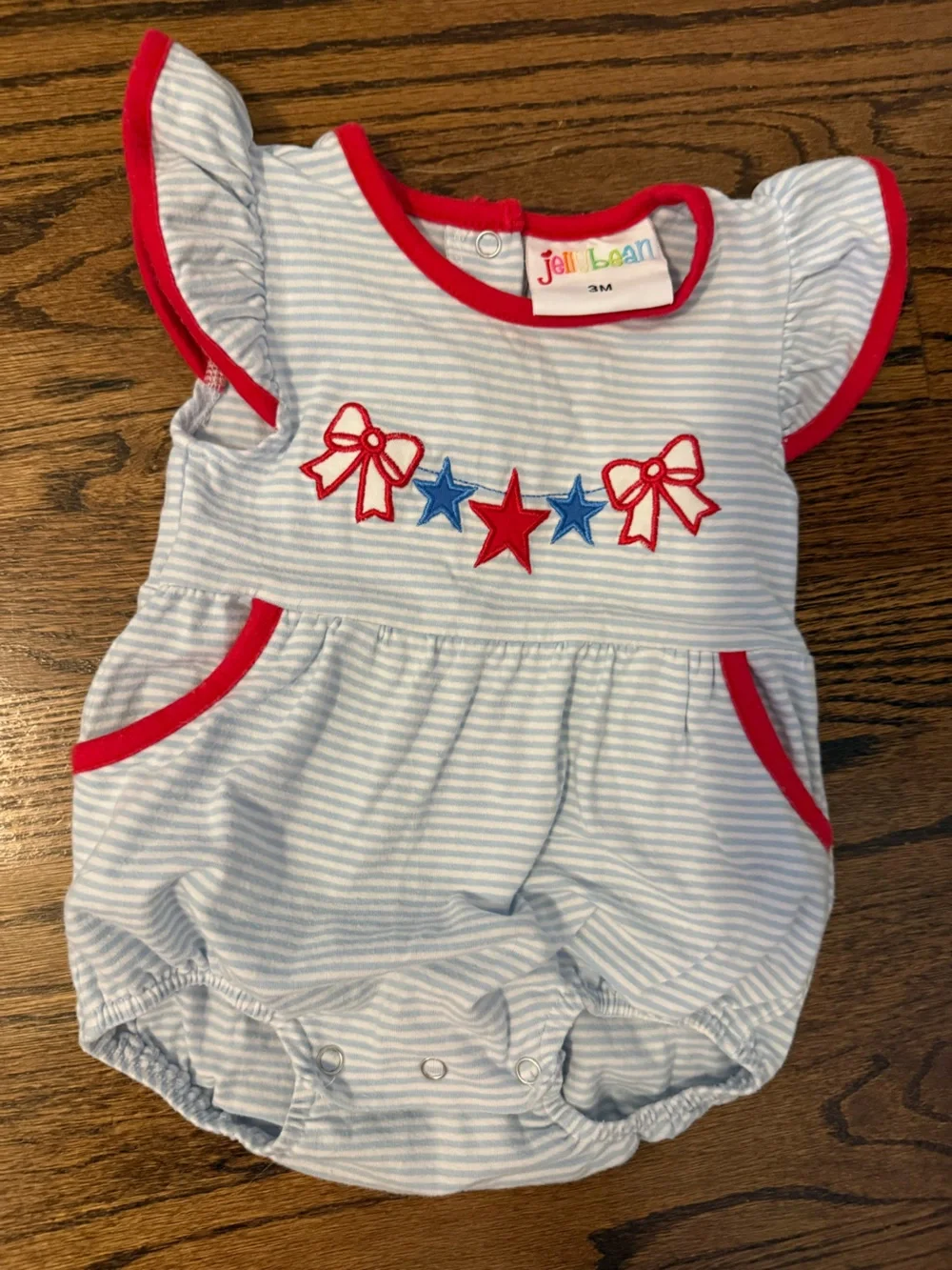 Blue White Striped Bubble with Red Trim and Bow Star Appliqué
